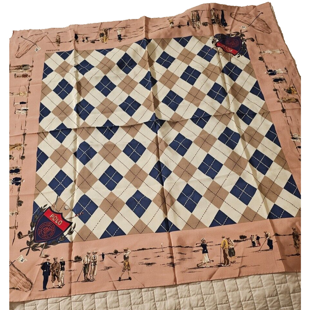 Vintage Polo Ralph Lauren silk scarf with Golf motif Argyle Pattern 36 square